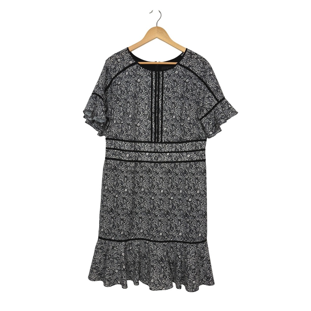 Shani Floral Dress Women 16 Black White Velvet Trim Flutter Sleeve Ruffle Hem